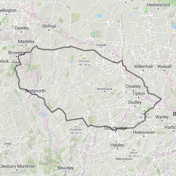 Map miniature of "West Bromwich to Bridgnorth Adventure" cycling inspiration in West Midlands, United Kingdom. Generated by Tarmacs.app cycling route planner