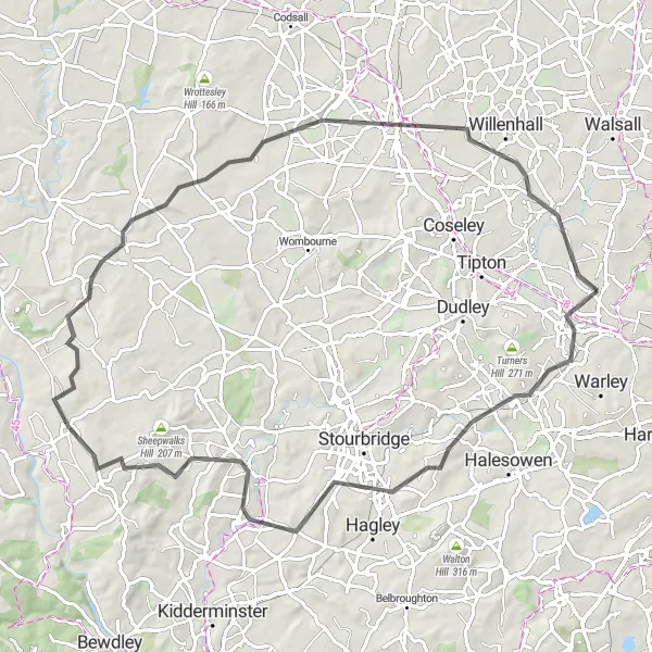Map miniature of "Oldbury to Kinver Hills Loop" cycling inspiration in West Midlands, United Kingdom. Generated by Tarmacs.app cycling route planner