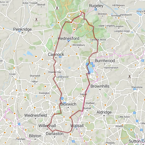 Map miniature of "Gravel Adventure in Willenhall and Cannock" cycling inspiration in West Midlands, United Kingdom. Generated by Tarmacs.app cycling route planner