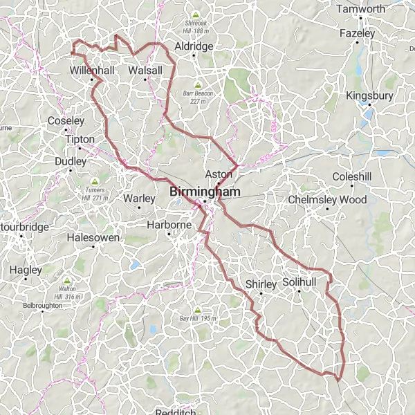 Map miniature of "Majestic Gravel Ride through Birmingham and Lapworth" cycling inspiration in West Midlands, United Kingdom. Generated by Tarmacs.app cycling route planner