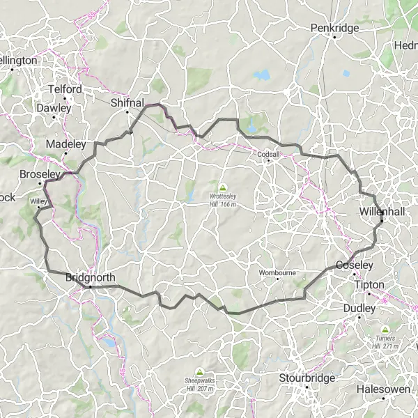 Map miniature of "Dudley Hills Road Loop" cycling inspiration in West Midlands, United Kingdom. Generated by Tarmacs.app cycling route planner