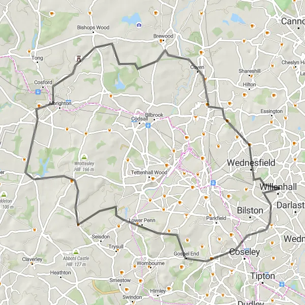 Map miniature of "Road Cycling Exploration from Willenhall to Wednesfield" cycling inspiration in West Midlands, United Kingdom. Generated by Tarmacs.app cycling route planner