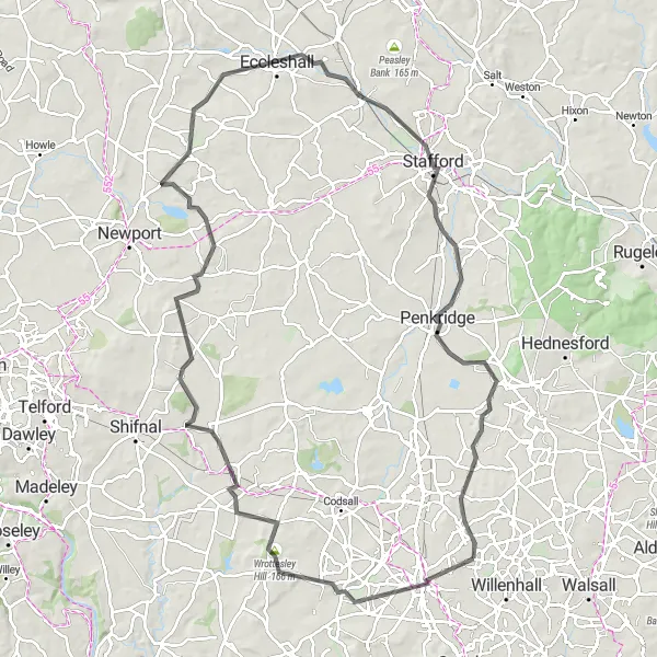 Map miniature of "Wolverhampton and Penkridge Road Adventure" cycling inspiration in West Midlands, United Kingdom. Generated by Tarmacs.app cycling route planner