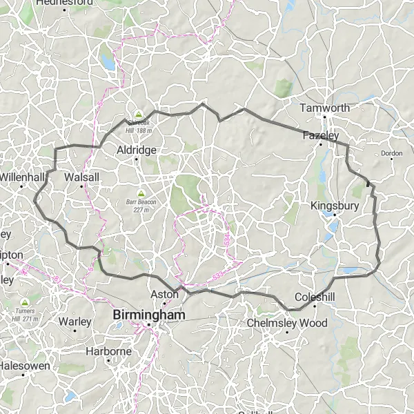 Map miniature of "Challenging Road Ride from Willenhall to Darlaston" cycling inspiration in West Midlands, United Kingdom. Generated by Tarmacs.app cycling route planner