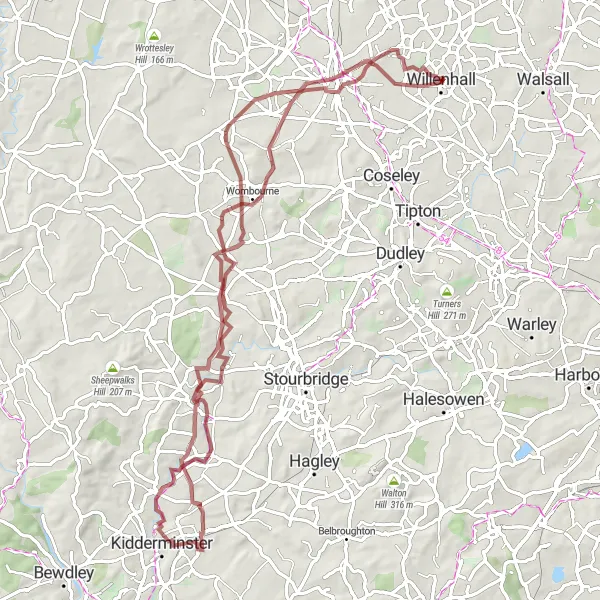 Map miniature of "Willenhall and Kinver Gravel Ride" cycling inspiration in West Midlands, United Kingdom. Generated by Tarmacs.app cycling route planner