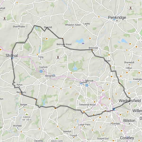 Map miniature of "Wolverhampton and Brewood Road Express" cycling inspiration in West Midlands, United Kingdom. Generated by Tarmacs.app cycling route planner