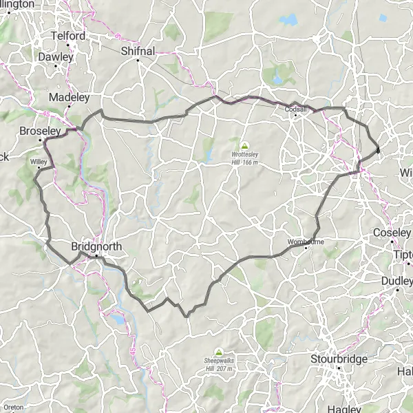 Map miniature of "Wombourne Loop" cycling inspiration in West Midlands, United Kingdom. Generated by Tarmacs.app cycling route planner