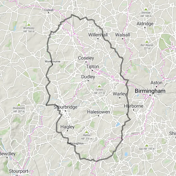 Map miniature of "Wolverhampton to Wombourne Circuit" cycling inspiration in West Midlands, United Kingdom. Generated by Tarmacs.app cycling route planner