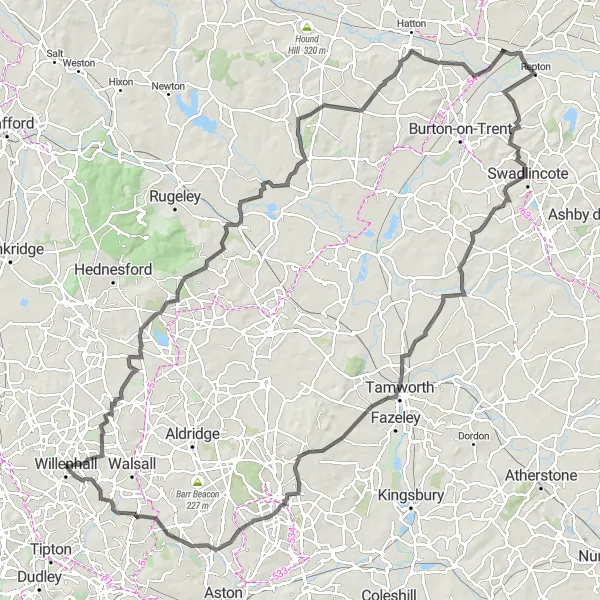 Map miniature of "The Wolverhampton Adventure" cycling inspiration in West Midlands, United Kingdom. Generated by Tarmacs.app cycling route planner