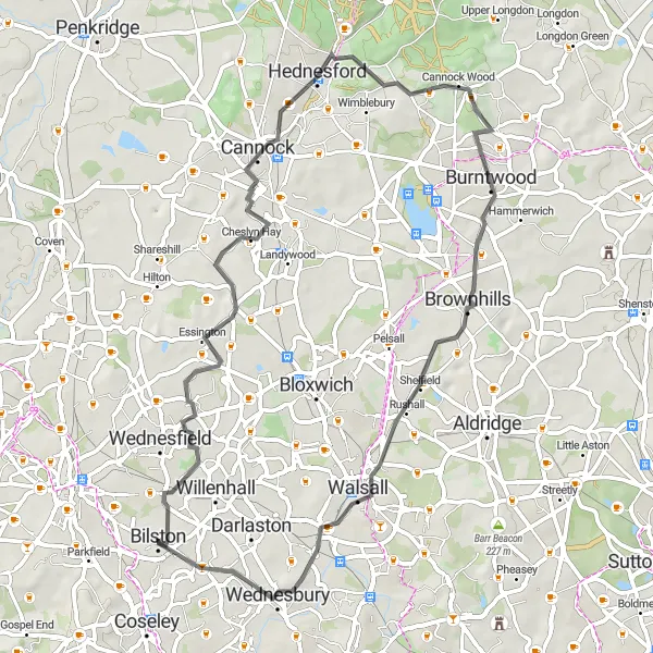 Map miniature of "Wolverhampton to Brownhills Loop" cycling inspiration in West Midlands, United Kingdom. Generated by Tarmacs.app cycling route planner