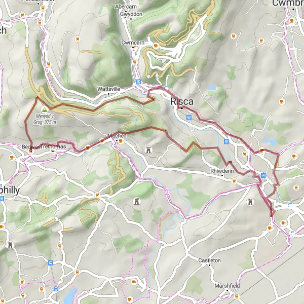 Map miniature of "Bedwas and the Valleys Gravel Route" cycling inspiration in West Wales and The Valleys, United Kingdom. Generated by Tarmacs.app cycling route planner