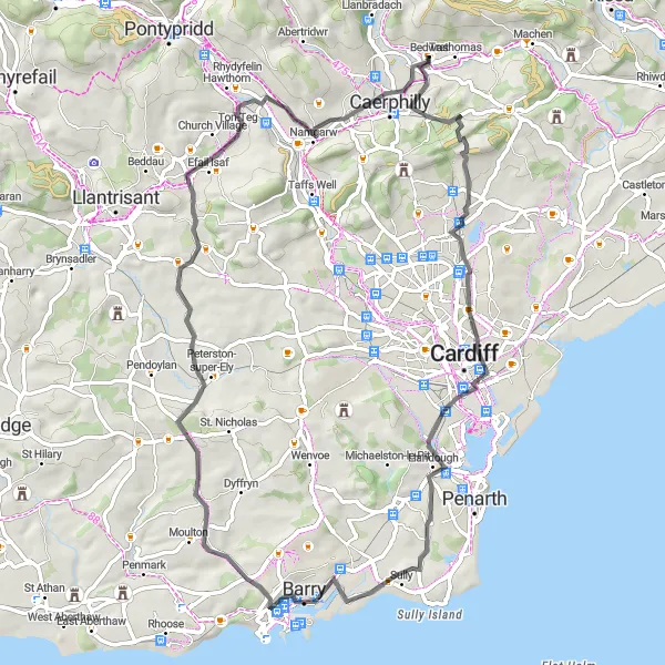 Map miniature of "Valleys Road Loop" cycling inspiration in West Wales and The Valleys, United Kingdom. Generated by Tarmacs.app cycling route planner