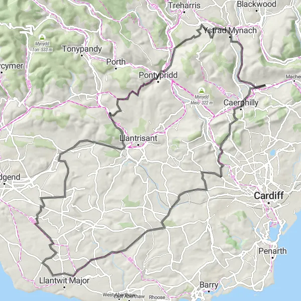 Map miniature of "Valleys Adventure Ride" cycling inspiration in West Wales and The Valleys, United Kingdom. Generated by Tarmacs.app cycling route planner
