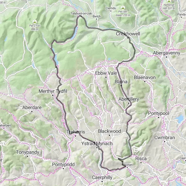 Map miniature of "The Valleys and Beyond" cycling inspiration in West Wales and The Valleys, United Kingdom. Generated by Tarmacs.app cycling route planner