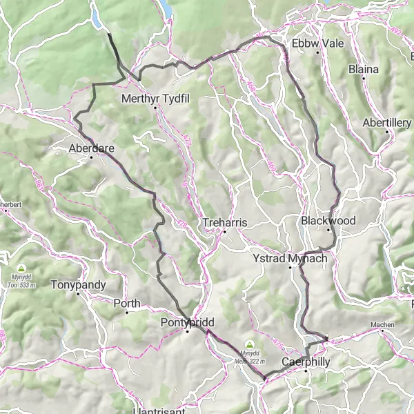 Map miniature of "The Valleys Loop" cycling inspiration in West Wales and The Valleys, United Kingdom. Generated by Tarmacs.app cycling route planner