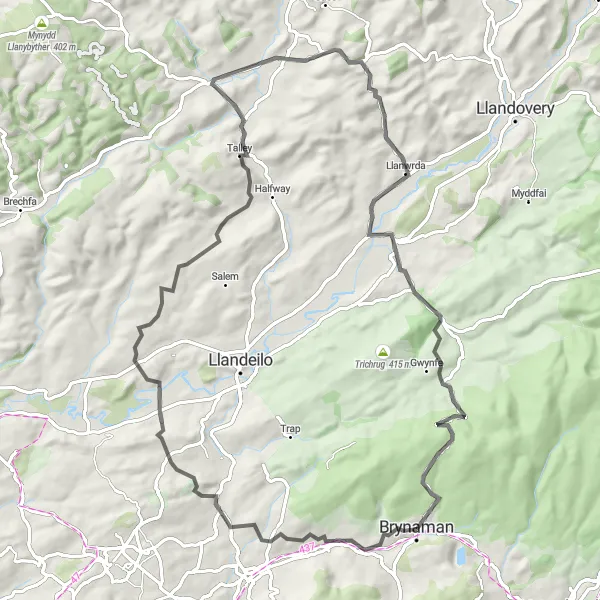 Map miniature of "Talley and Llangadog Adventure" cycling inspiration in West Wales and The Valleys, United Kingdom. Generated by Tarmacs.app cycling route planner