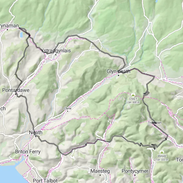 Map miniature of "The Three Peaks Circuit" cycling inspiration in West Wales and The Valleys, United Kingdom. Generated by Tarmacs.app cycling route planner