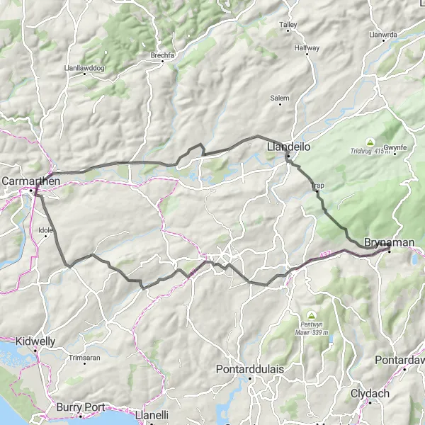 Map miniature of "Scenic Carmarthenshire Experience" cycling inspiration in West Wales and The Valleys, United Kingdom. Generated by Tarmacs.app cycling route planner