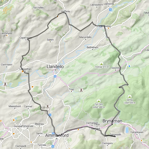 Map miniature of "Amman Valley Escape" cycling inspiration in West Wales and The Valleys, United Kingdom. Generated by Tarmacs.app cycling route planner