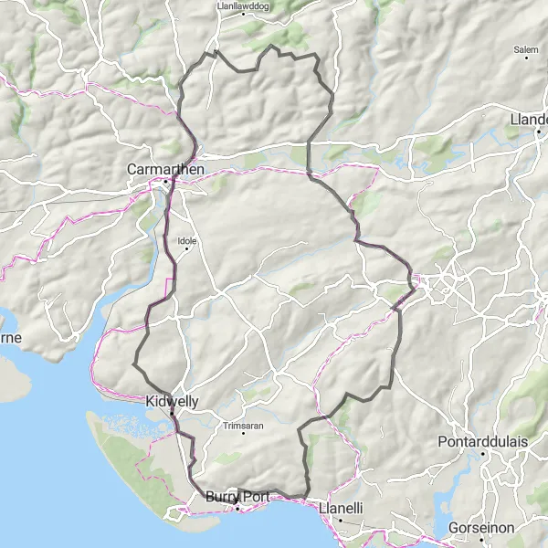 Map miniature of "The Carmarthen Quest" cycling inspiration in West Wales and The Valleys, United Kingdom. Generated by Tarmacs.app cycling route planner