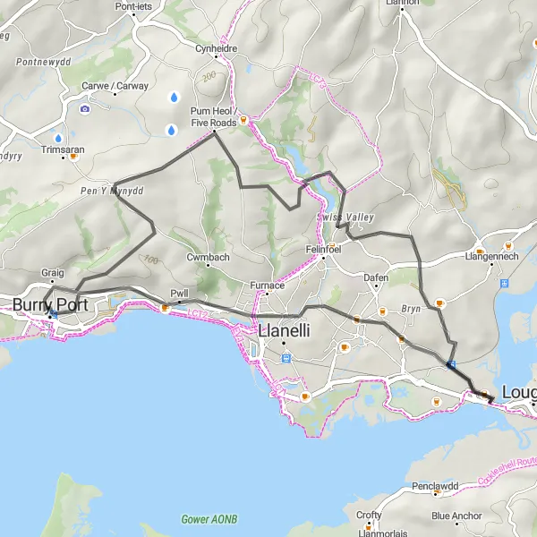 Map miniature of "Llanelli and Five Roads Loop" cycling inspiration in West Wales and The Valleys, United Kingdom. Generated by Tarmacs.app cycling route planner
