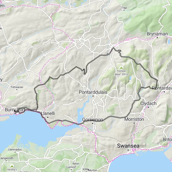 Map miniature of "The Llannon Adventure" cycling inspiration in West Wales and The Valleys, United Kingdom. Generated by Tarmacs.app cycling route planner