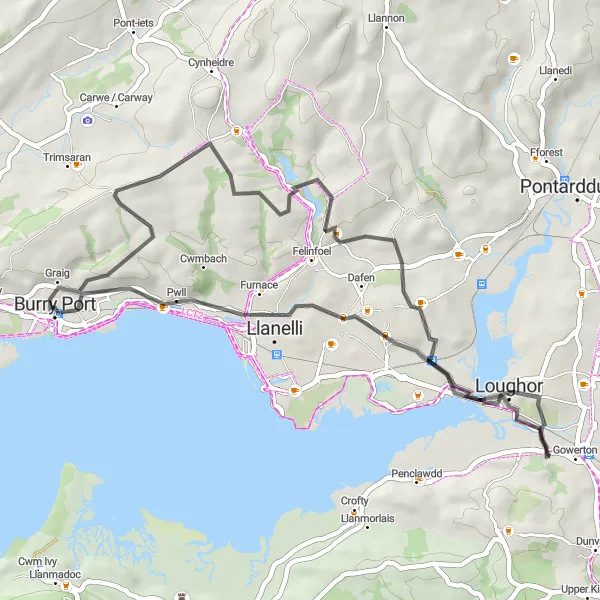 Map miniature of "The Castle Loop" cycling inspiration in West Wales and The Valleys, United Kingdom. Generated by Tarmacs.app cycling route planner