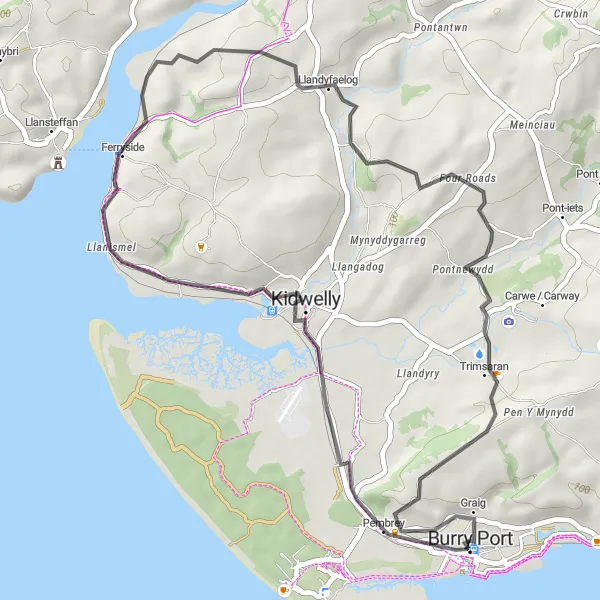 Map miniature of "The Llandyfaelog Expedition" cycling inspiration in West Wales and The Valleys, United Kingdom. Generated by Tarmacs.app cycling route planner