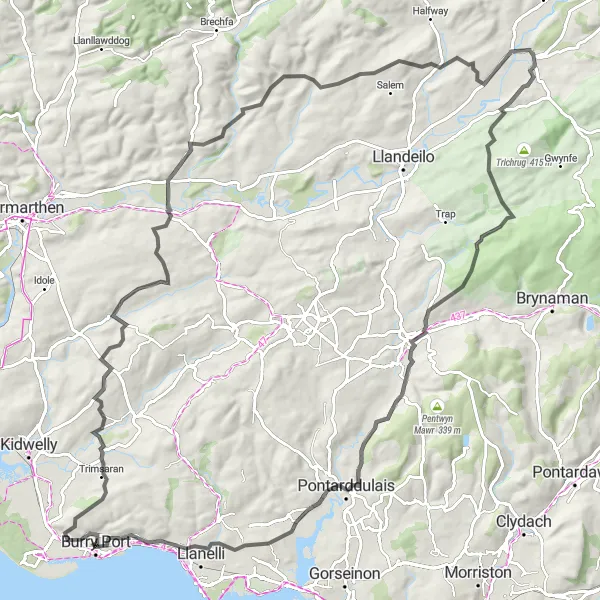 Map miniature of "Trimsaran Circular Route" cycling inspiration in West Wales and The Valleys, United Kingdom. Generated by Tarmacs.app cycling route planner