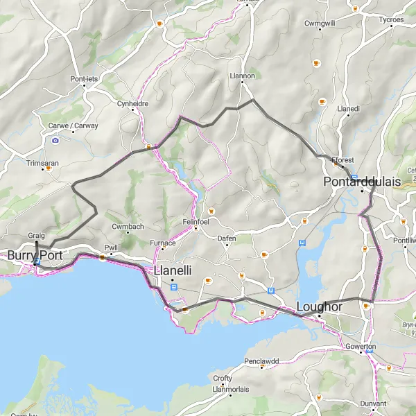 Map miniature of "Horeb and Gorseinon Circular Route" cycling inspiration in West Wales and The Valleys, United Kingdom. Generated by Tarmacs.app cycling route planner