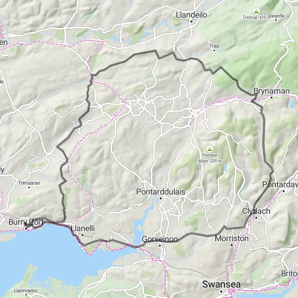 Map miniature of "Pontyberem and Mynydd Gellionnen Loop" cycling inspiration in West Wales and The Valleys, United Kingdom. Generated by Tarmacs.app cycling route planner
