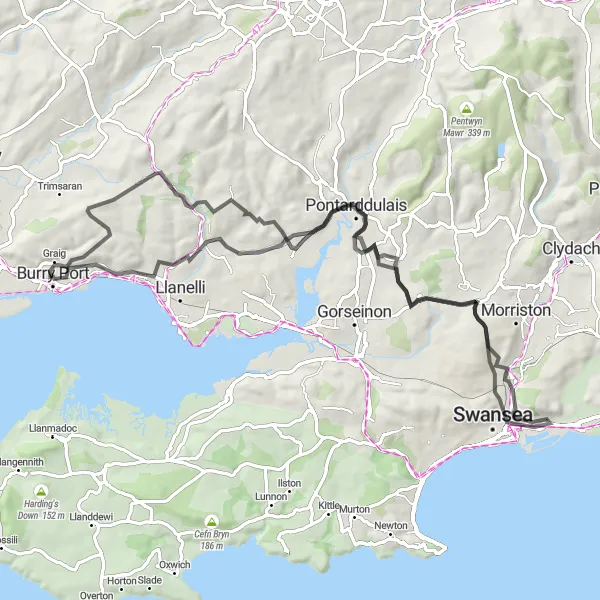 Map miniature of "The Burry Port Coastal Loop" cycling inspiration in West Wales and The Valleys, United Kingdom. Generated by Tarmacs.app cycling route planner