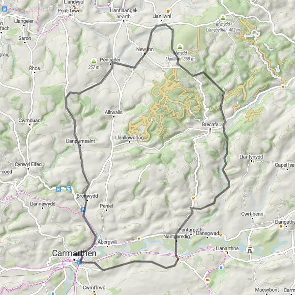 Map miniature of "Llanllwni Loop" cycling inspiration in West Wales and The Valleys, United Kingdom. Generated by Tarmacs.app cycling route planner