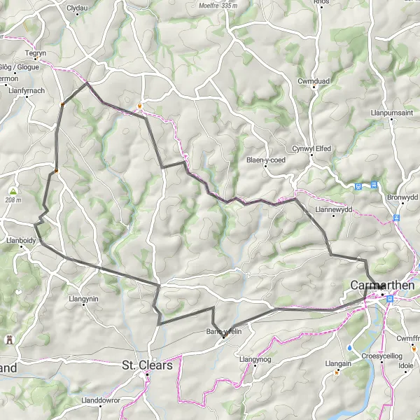 Map miniature of "Meidrim and Trelech Loop" cycling inspiration in West Wales and The Valleys, United Kingdom. Generated by Tarmacs.app cycling route planner