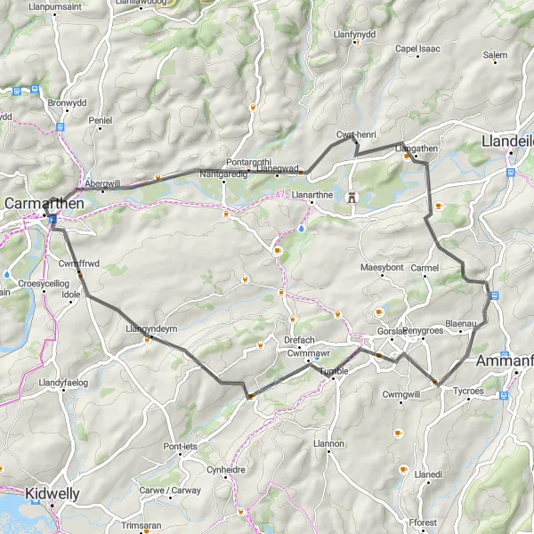 Map miniature of "Abergwili and Llangythel Circuit" cycling inspiration in West Wales and The Valleys, United Kingdom. Generated by Tarmacs.app cycling route planner