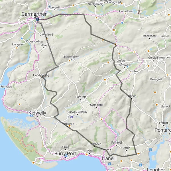 Map miniature of "Carmarthen Loop" cycling inspiration in West Wales and The Valleys, United Kingdom. Generated by Tarmacs.app cycling route planner