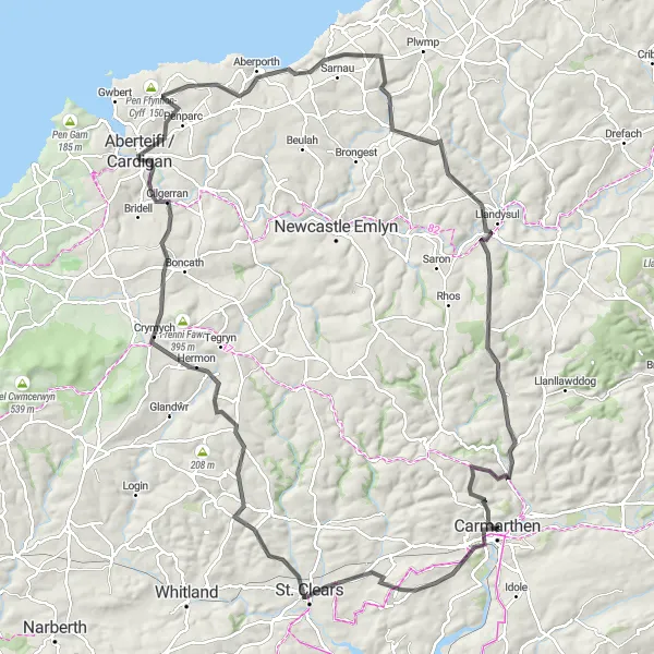 Map miniature of "West Wales Adventure" cycling inspiration in West Wales and The Valleys, United Kingdom. Generated by Tarmacs.app cycling route planner