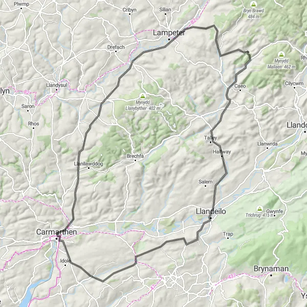 Map miniature of "Valleys Escape" cycling inspiration in West Wales and The Valleys, United Kingdom. Generated by Tarmacs.app cycling route planner