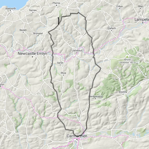 Map miniature of "Countryside Delights" cycling inspiration in West Wales and The Valleys, United Kingdom. Generated by Tarmacs.app cycling route planner
