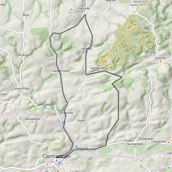 Map miniature of "Carmarthen and Surrounding Villages" cycling inspiration in West Wales and The Valleys, United Kingdom. Generated by Tarmacs.app cycling route planner
