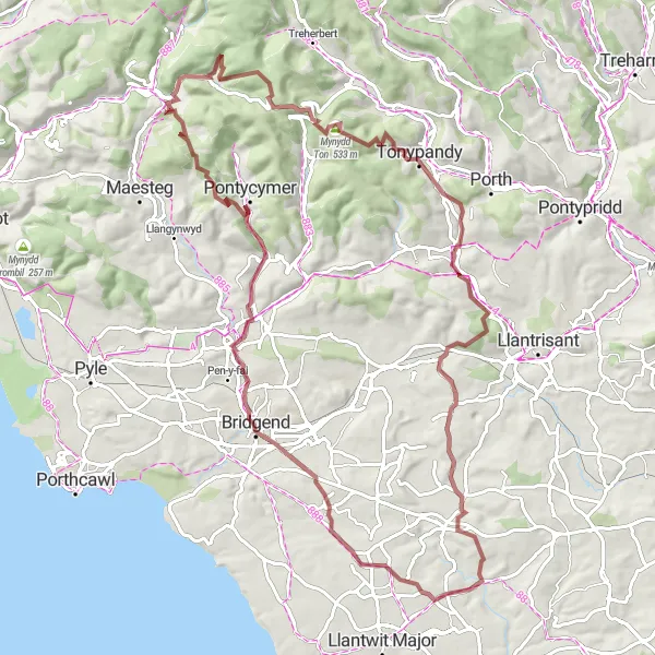 Map miniature of "Valleys and Villages Gravel Adventure" cycling inspiration in West Wales and The Valleys, United Kingdom. Generated by Tarmacs.app cycling route planner