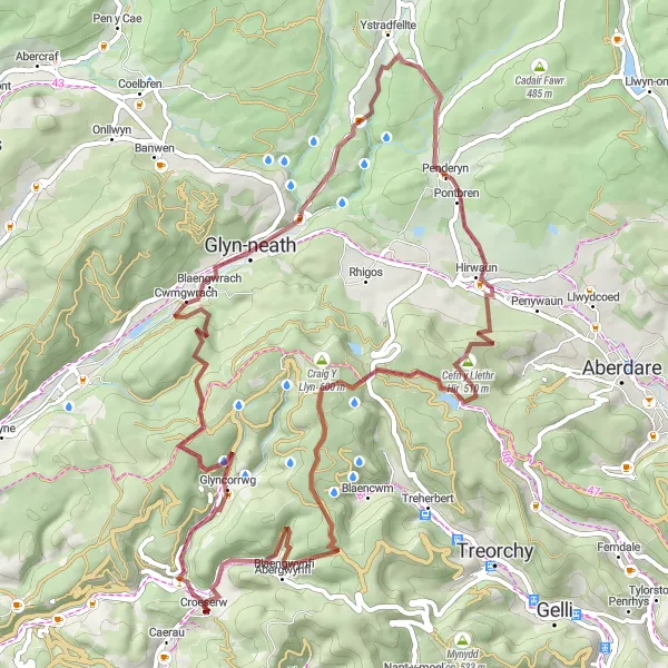 Map miniature of "Valley Gems Gravel Ride" cycling inspiration in West Wales and The Valleys, United Kingdom. Generated by Tarmacs.app cycling route planner