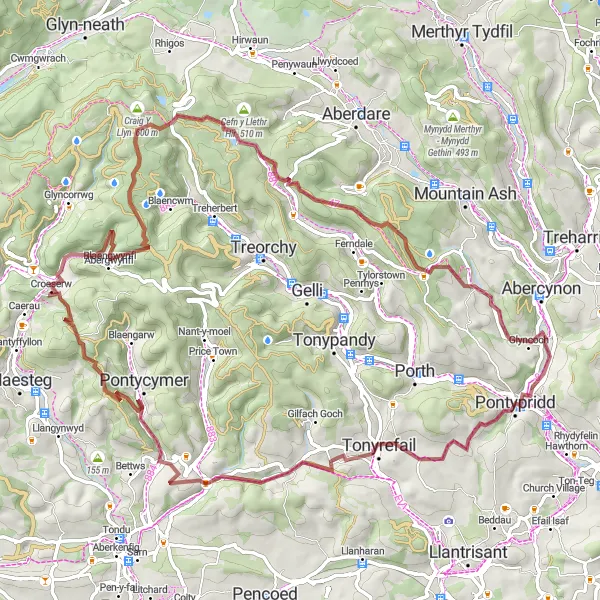 Map miniature of "The Valleys Gravel Loop" cycling inspiration in West Wales and The Valleys, United Kingdom. Generated by Tarmacs.app cycling route planner