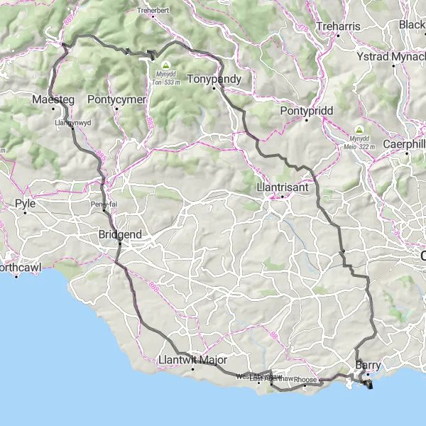 Map miniature of "Scenic Valleys Tour" cycling inspiration in West Wales and The Valleys, United Kingdom. Generated by Tarmacs.app cycling route planner