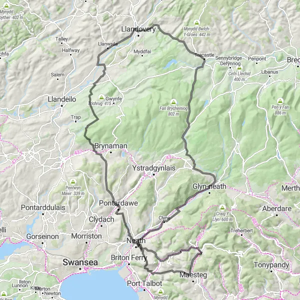 Map miniature of "Valleys Heritage Trail" cycling inspiration in West Wales and The Valleys, United Kingdom. Generated by Tarmacs.app cycling route planner