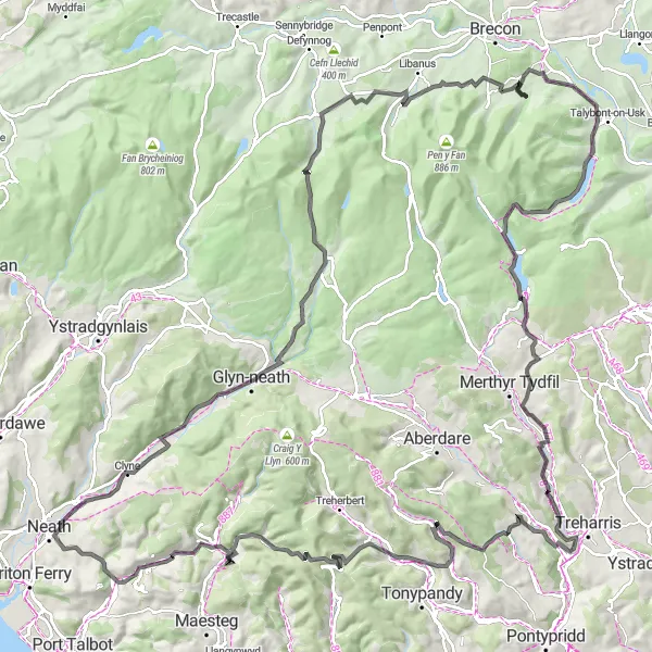 Map miniature of "The Valleys Explorer" cycling inspiration in West Wales and The Valleys, United Kingdom. Generated by Tarmacs.app cycling route planner