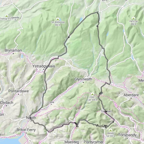 Map miniature of "Waterfall Wonders" cycling inspiration in West Wales and The Valleys, United Kingdom. Generated by Tarmacs.app cycling route planner