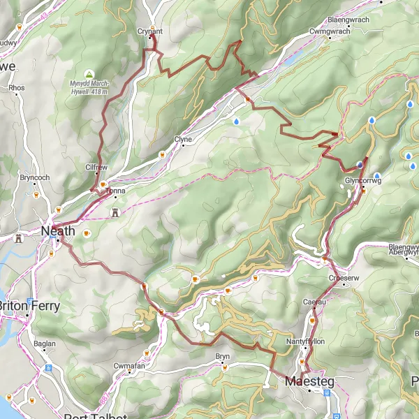 Map miniature of "Valleys and Hills Gravel Adventure" cycling inspiration in West Wales and The Valleys, United Kingdom. Generated by Tarmacs.app cycling route planner