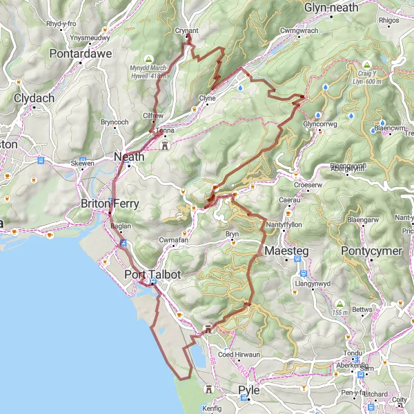 Map miniature of "The Valleys Discovery" cycling inspiration in West Wales and The Valleys, United Kingdom. Generated by Tarmacs.app cycling route planner