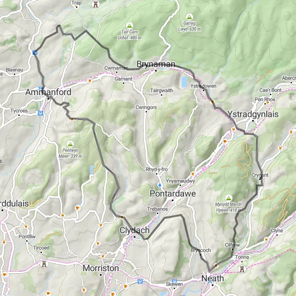 Map miniature of "Valleys Mini Adventure" cycling inspiration in West Wales and The Valleys, United Kingdom. Generated by Tarmacs.app cycling route planner